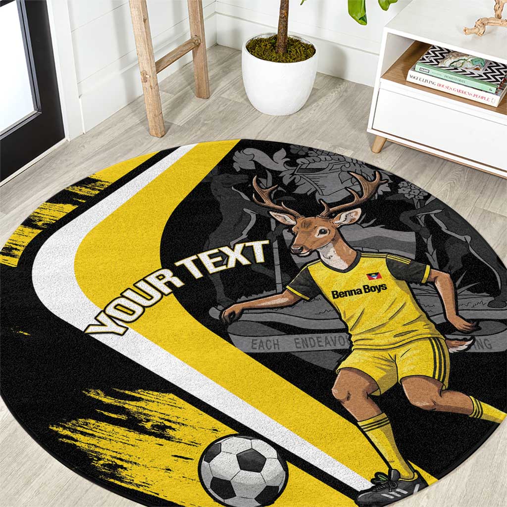 Round black football rug with yellow stripe and deer mascot player graphic