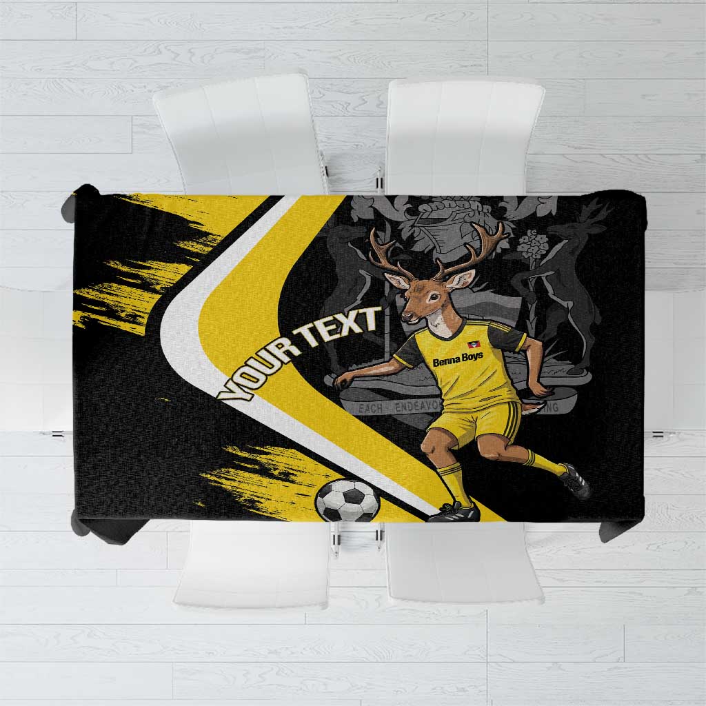 Black football tablecloth with yellow diagonal stripe, deer mascot graphic and text area