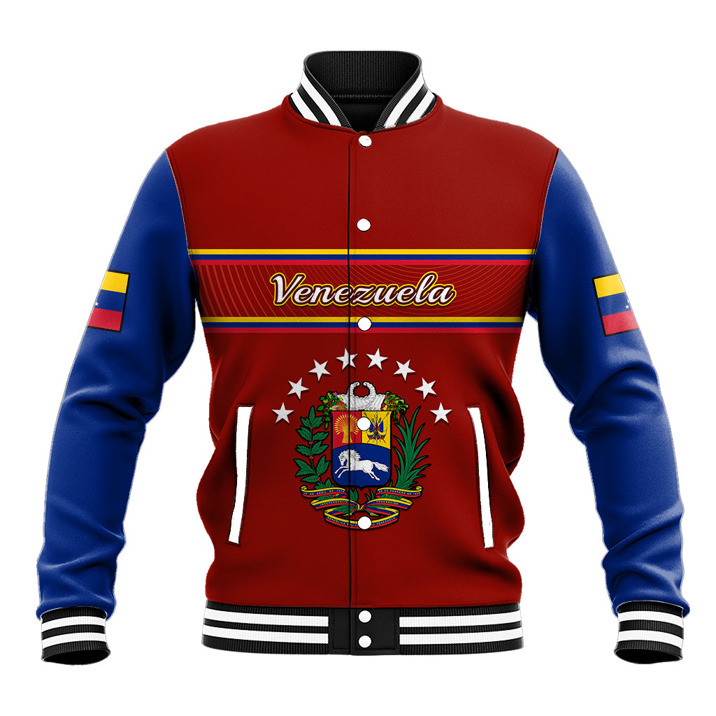 Red and blue baseball jacket with striped collar, front buttons, Venezuela crest