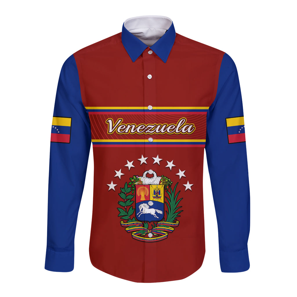 Unisex long-sleeve button shirt with red front, blue sleeves, Venezuela crest print