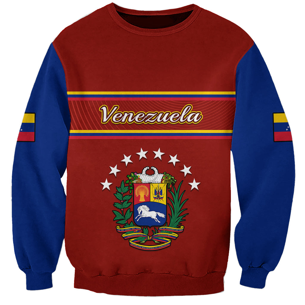 Red and blue unisex sweatshirt with Venezuela coat-of-arms graphic on front