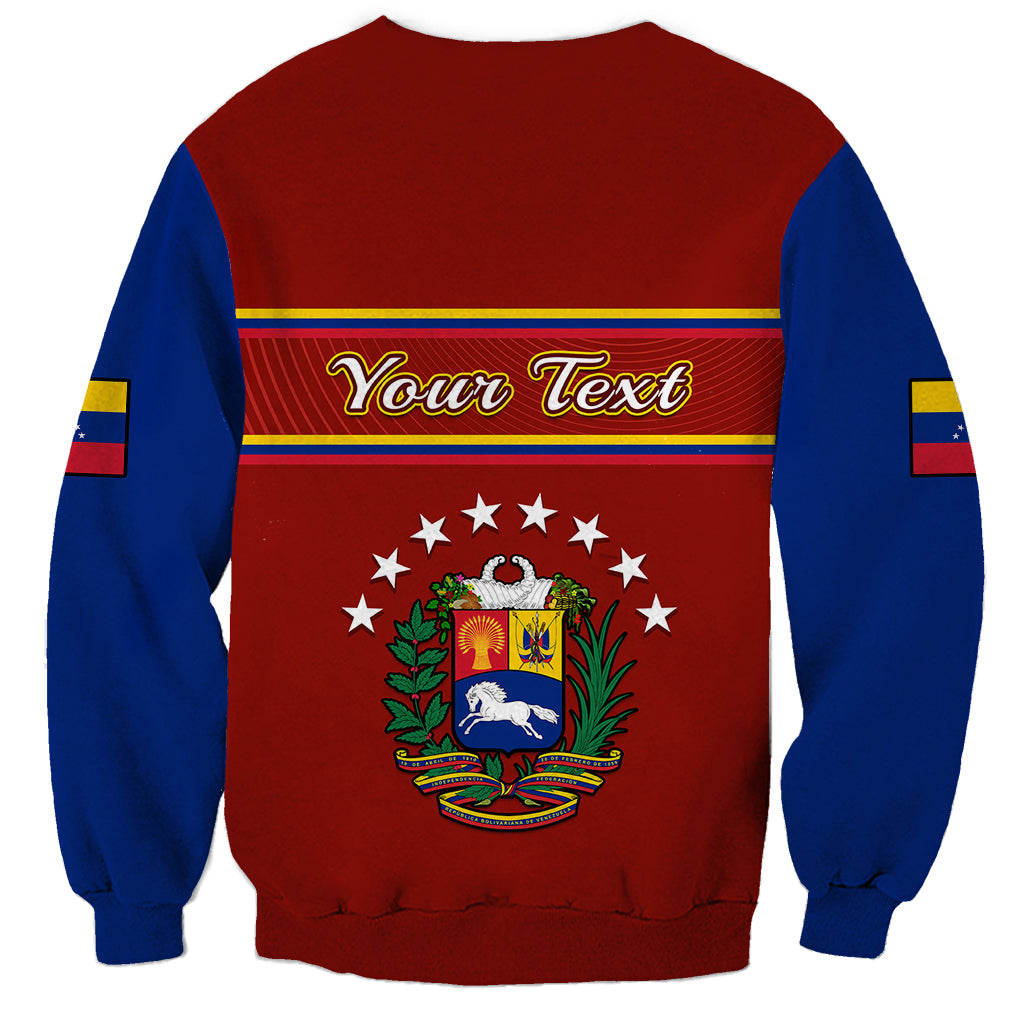 Red and blue unisex sweatshirt with Your Text banner and Venezuela coat-of-arms