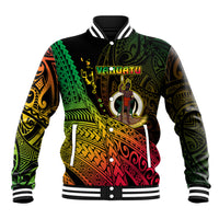 Black unisex baseball jacket with colorful Ni-Vanuatu tribal front graphic, snap buttons