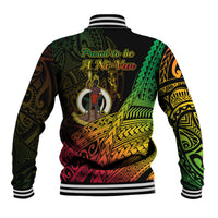 Black unisex baseball jacket with colorful Ni-Vanuatu tribal back graphic, ribbed collar and cuffs