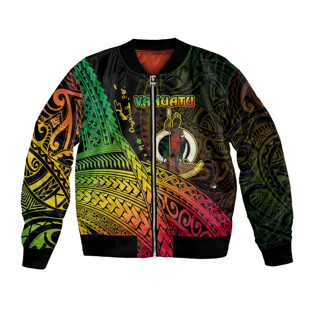 Black unisex bomber jacket with front zip and colorful tribal map artwork