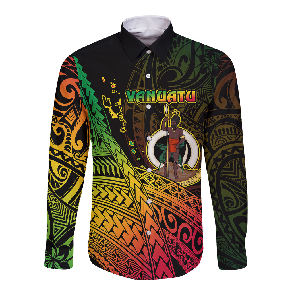 Black long-sleeve button shirt with colorful Vanuatu print and front emblem