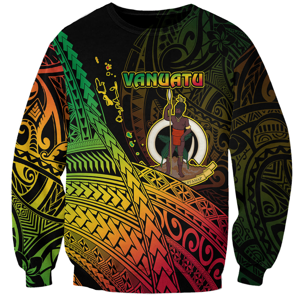 Unisex black sweatshirt with large Vanuatu graphic and patterned sleeves.