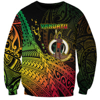 Unisex black sweatshirt with large Vanuatu graphic and patterned sleeves.