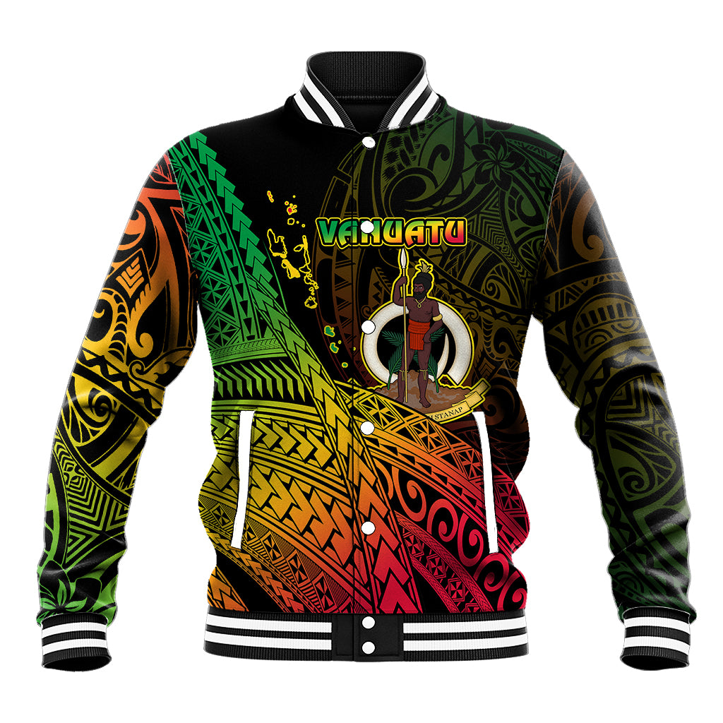 Black varsity baseball jacket with green, yellow and red tribal front graphic