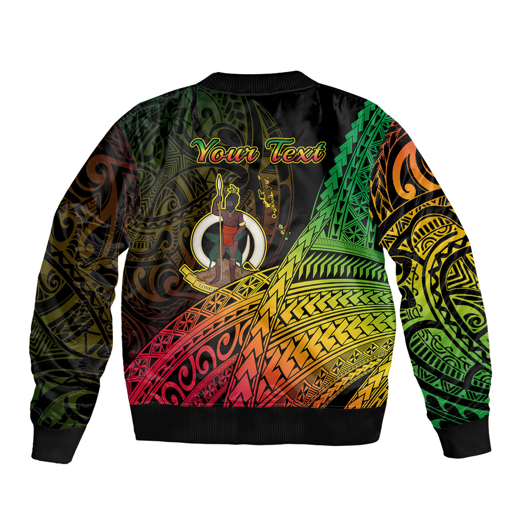 Black bomber jacket with colorful tribal back print and 'Your Text' label, ribbed hem