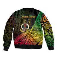 Black bomber jacket with colorful tribal back print and 'Your Text' label, ribbed hem