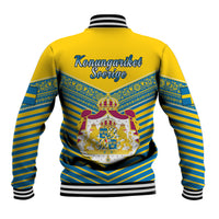 Yellow baseball jacket with blue striped sleeves, ribbed collar, back text and crest