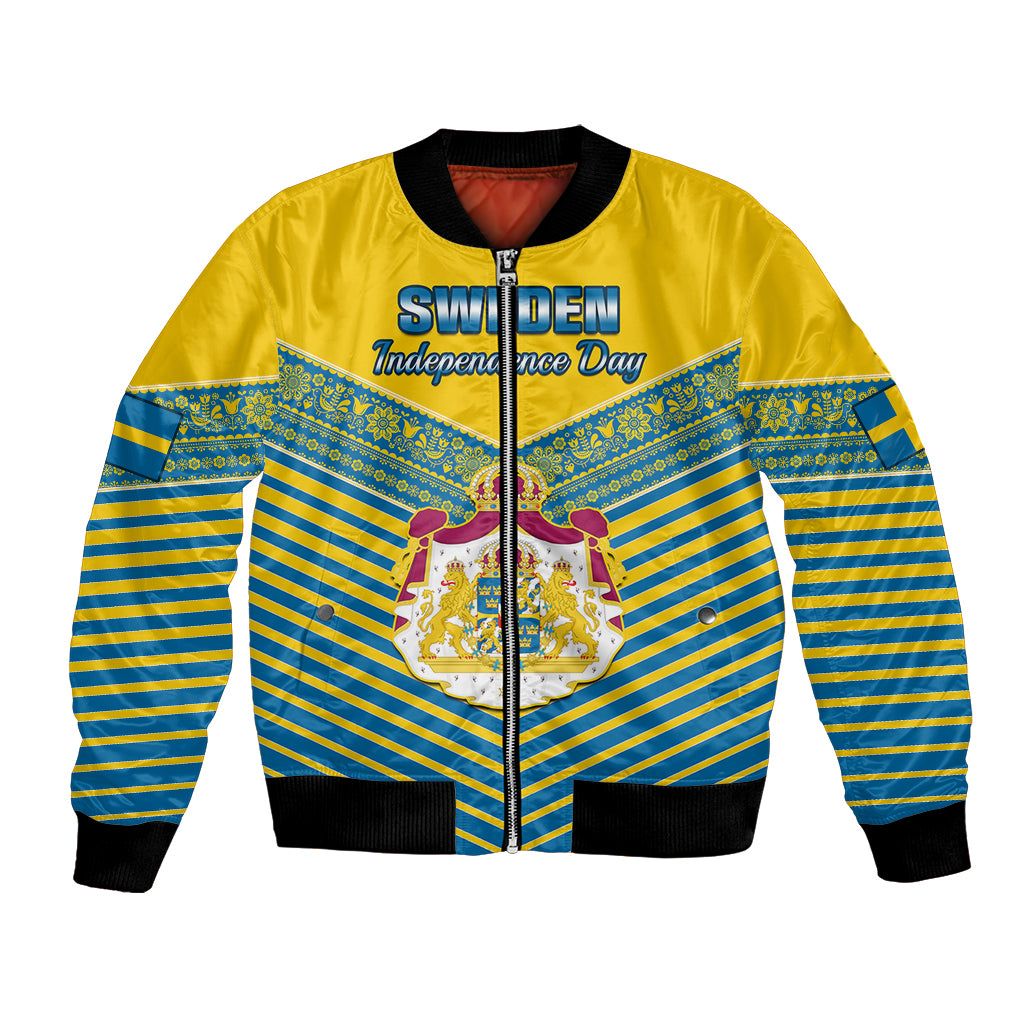 Unisex bomber jacket with yellow, blue striped graphic front and full zipper
