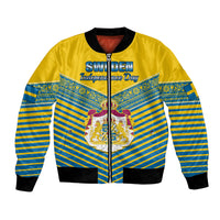 Unisex bomber jacket with yellow, blue striped graphic front and full zipper