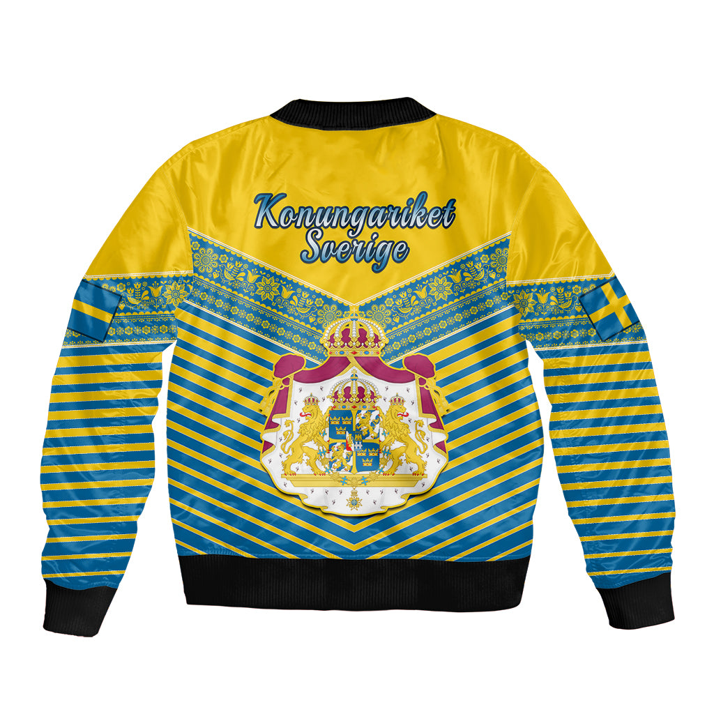 Unisex bomber jacket with yellow and blue striped back crest graphic