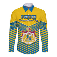 Yellow long sleeve button shirt with blue collar and Sweden Independence Day crest