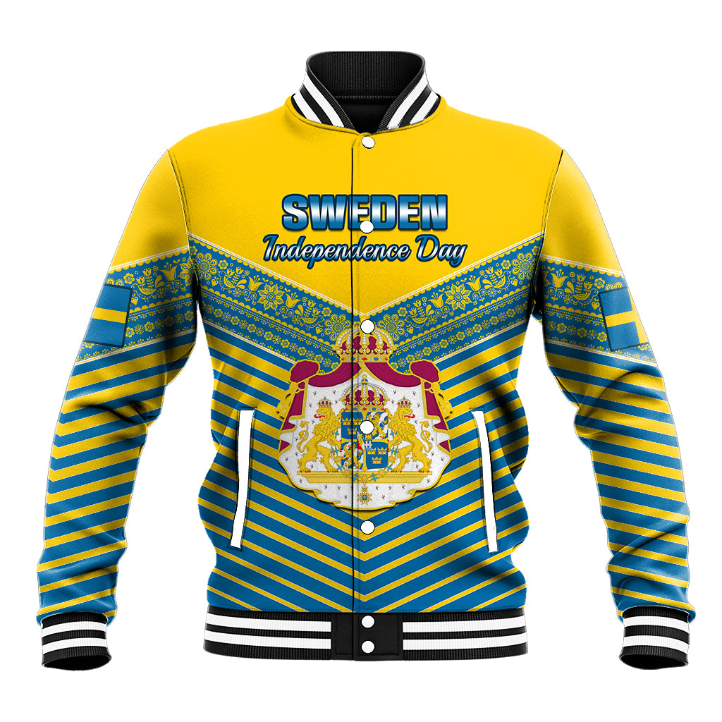 Yellow and blue varsity baseball jacket with striped sleeves, ribbed collar, front graphic.