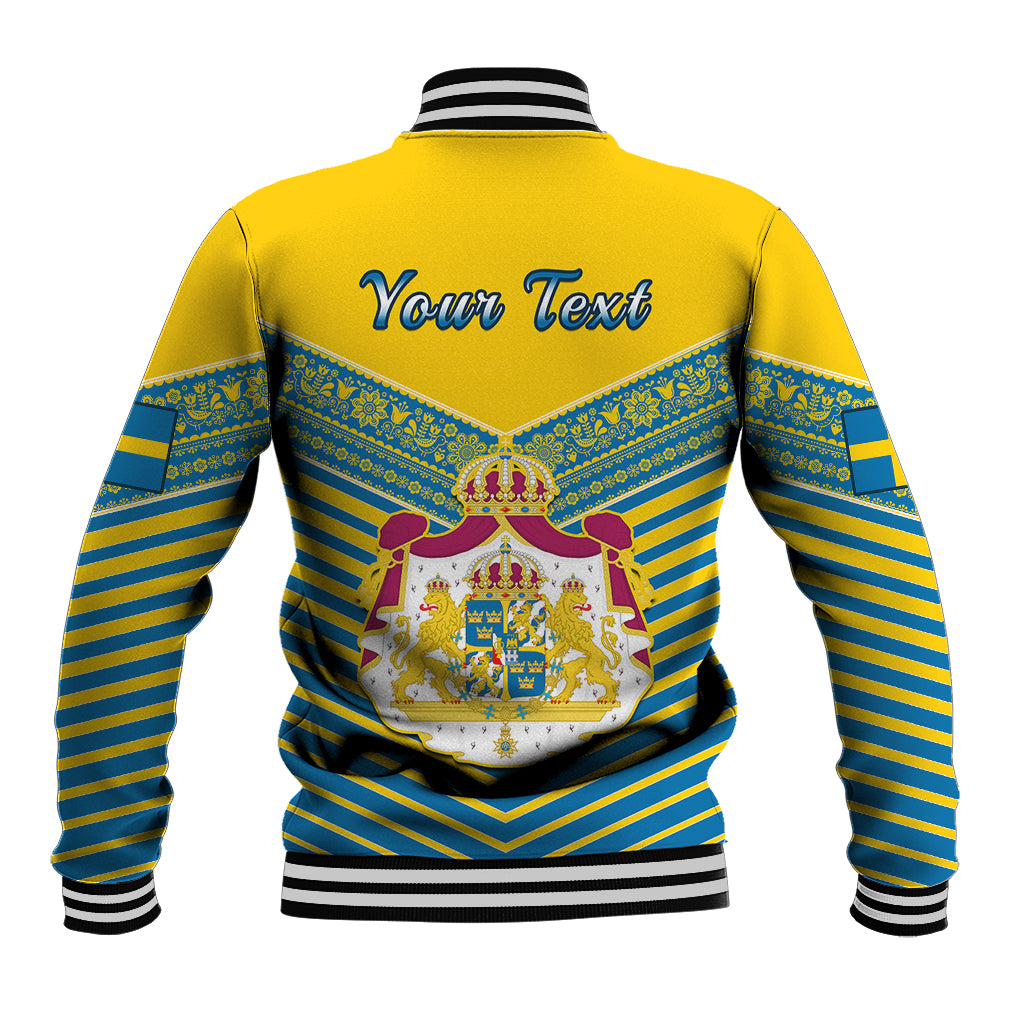 Yellow baseball jacket with blue patterned yoke, striped sleeves, ribbed hem; 'Your Text' on back.