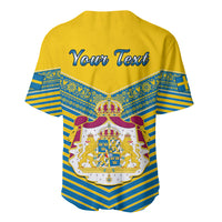 Back view baseball jersey in yellow with blue stripes and 'Your Text' over Swedish crest