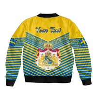 Yellow bomber jacket with blue striped yoke, crown crest and 'Your Text' graphic