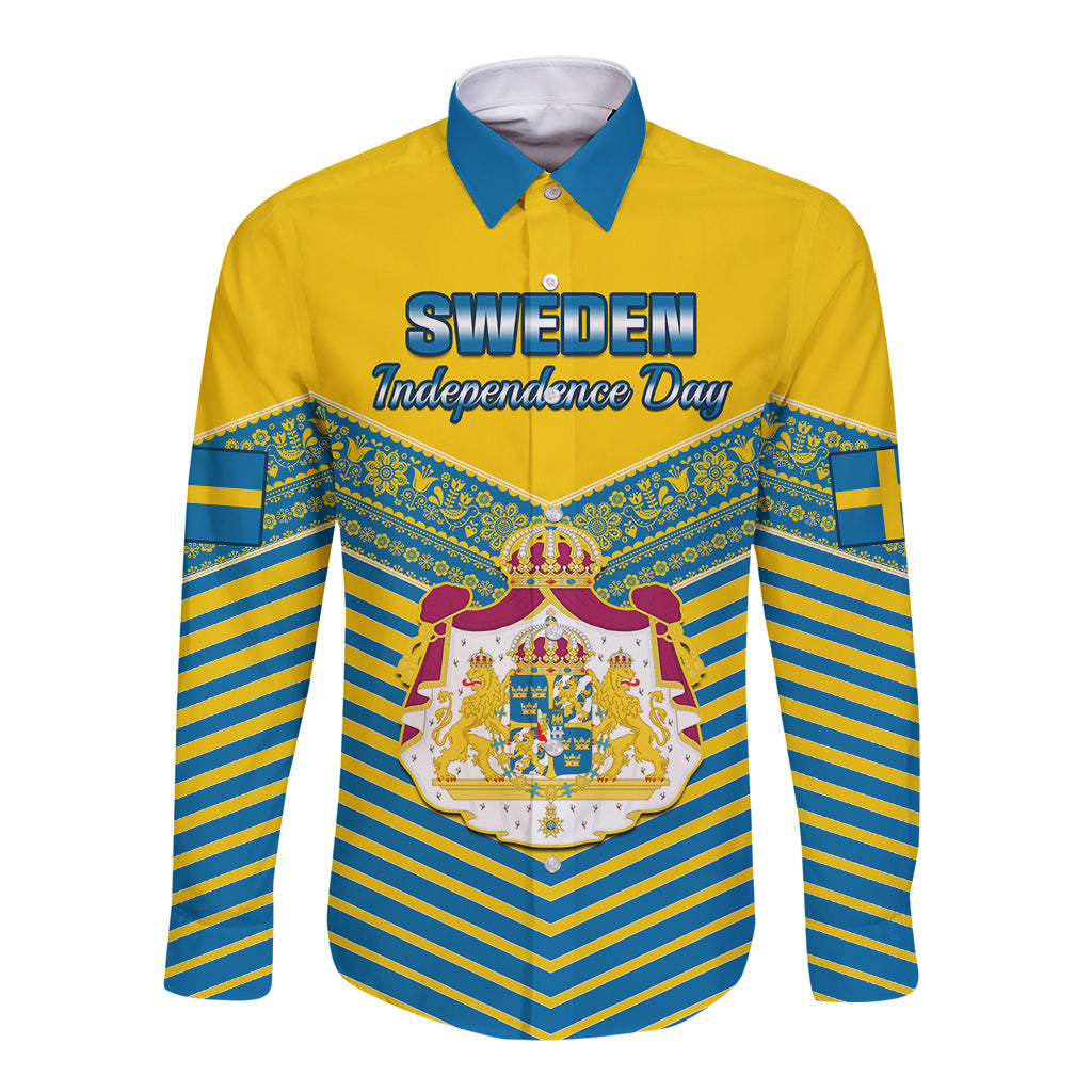 Yellow long-sleeve button shirt with blue striped cuffs and Sweden Independence Day graphic