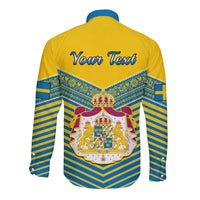 Yellow long-sleeve button shirt, back text and blue striped crest