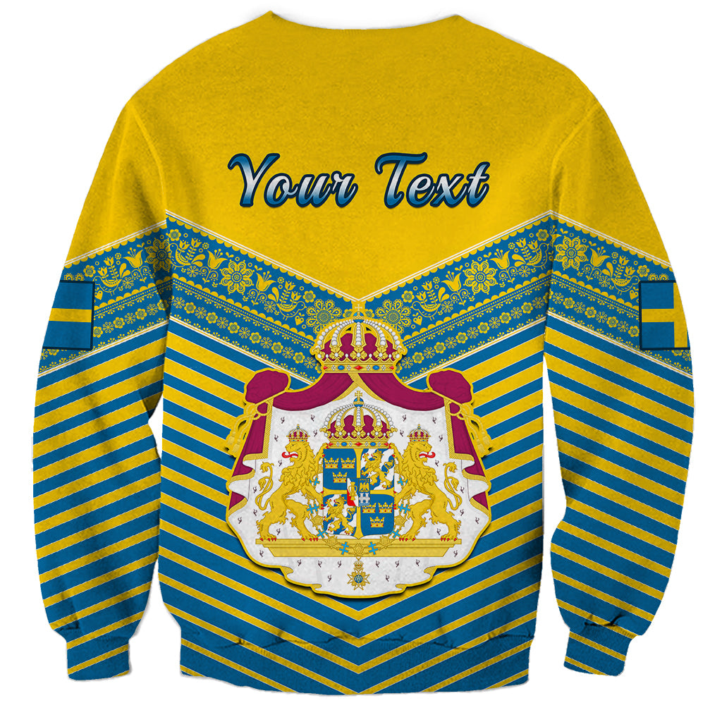 Yellow crewneck sweatshirt back with Your Text header, blue stripes and coat of arms graphic