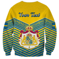 Yellow crewneck sweatshirt back with Your Text header, blue stripes and coat of arms graphic
