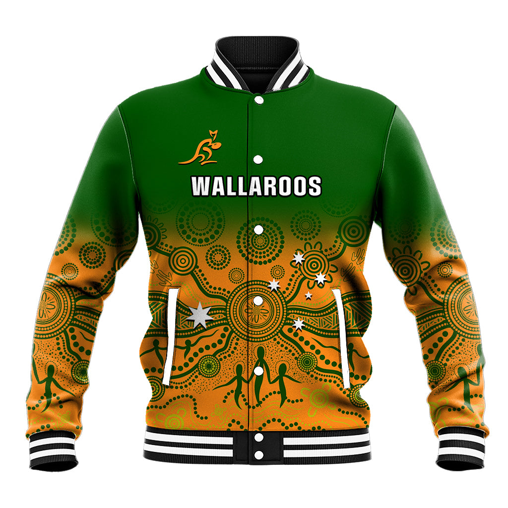 Green baseball jacket with orange indigenous pattern, ribbed collar, snap buttons, Wallaroos logo
