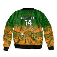 Green bomber jacket back with 'YOUR TEXT 14' and indigenous band pattern, ribbed hem