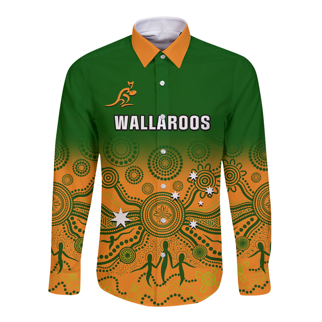 Green long-sleeve button rugby shirt with orange Indigenous pattern and Wallaroos logo