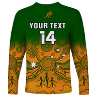 Green long-sleeve rugby shirt with Your Text and 14, Indigenous pattern on front