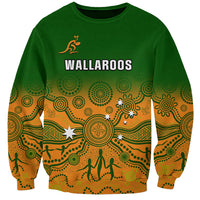 Green rugby sweatshirt with indigenous dot-and-line pattern and Wallaroos graphic