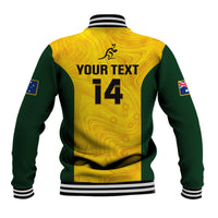 Yellow and green baseball jacket with striped ribbed collar and back print: YOUR TEXT 14