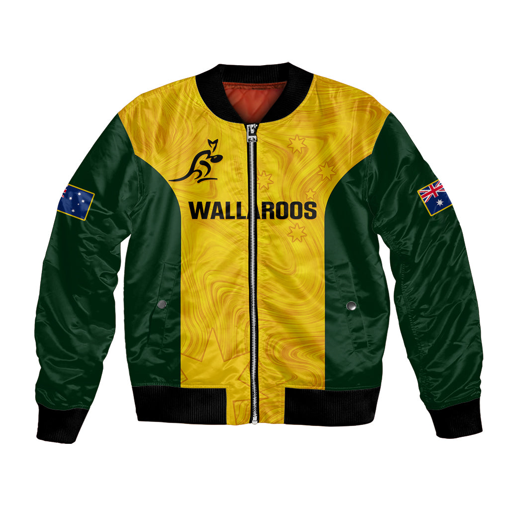 Rugby bomber jacket with yellow front, WALLAROOS graphic, dark green sleeves