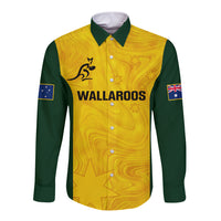Personalised rugby long-sleeve button shirt, yellow and green front with WALLAROOS logo