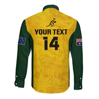 Personalised rugby long-sleeve button shirt, back shows YOUR TEXT and 14 with star graphics