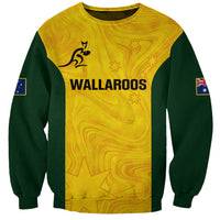 Unisex personalized Australia rugby sweatshirt, yellow with WALLAROOS print and green sleeves