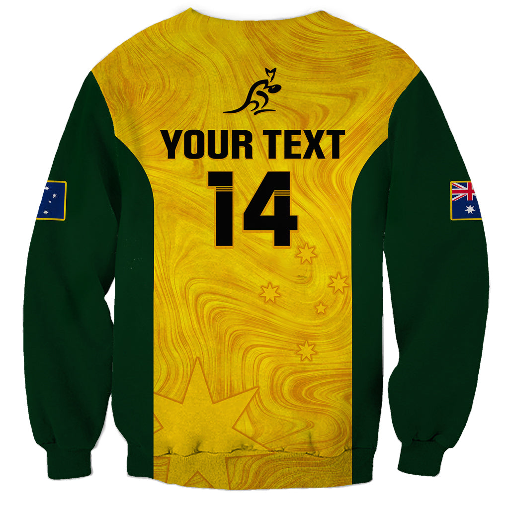 Unisex personalized Australia rugby sweatshirt, yellow back with YOUR TEXT 14 and green sleeves