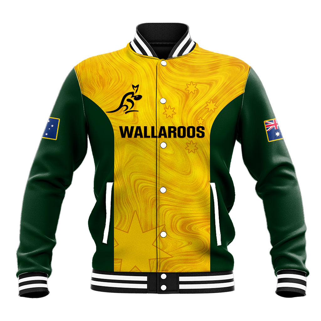 Unisex baseball jacket, yellow and green with snap front and ribbed collar, Wallaroos logo