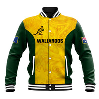 Unisex baseball jacket, yellow and green with snap front and ribbed collar, Wallaroos logo