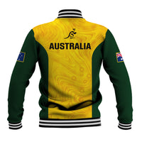 Back view baseball jacket, yellow and green with AUSTRALIA print, striped ribbed collar and hem