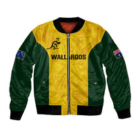 Unisex yellow and green bomber jacket with full zipper, ribbed cuffs, and Wallaroos logo