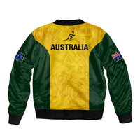 Unisex yellow and green bomber jacket with Australia text on back, ribbed collar and hem