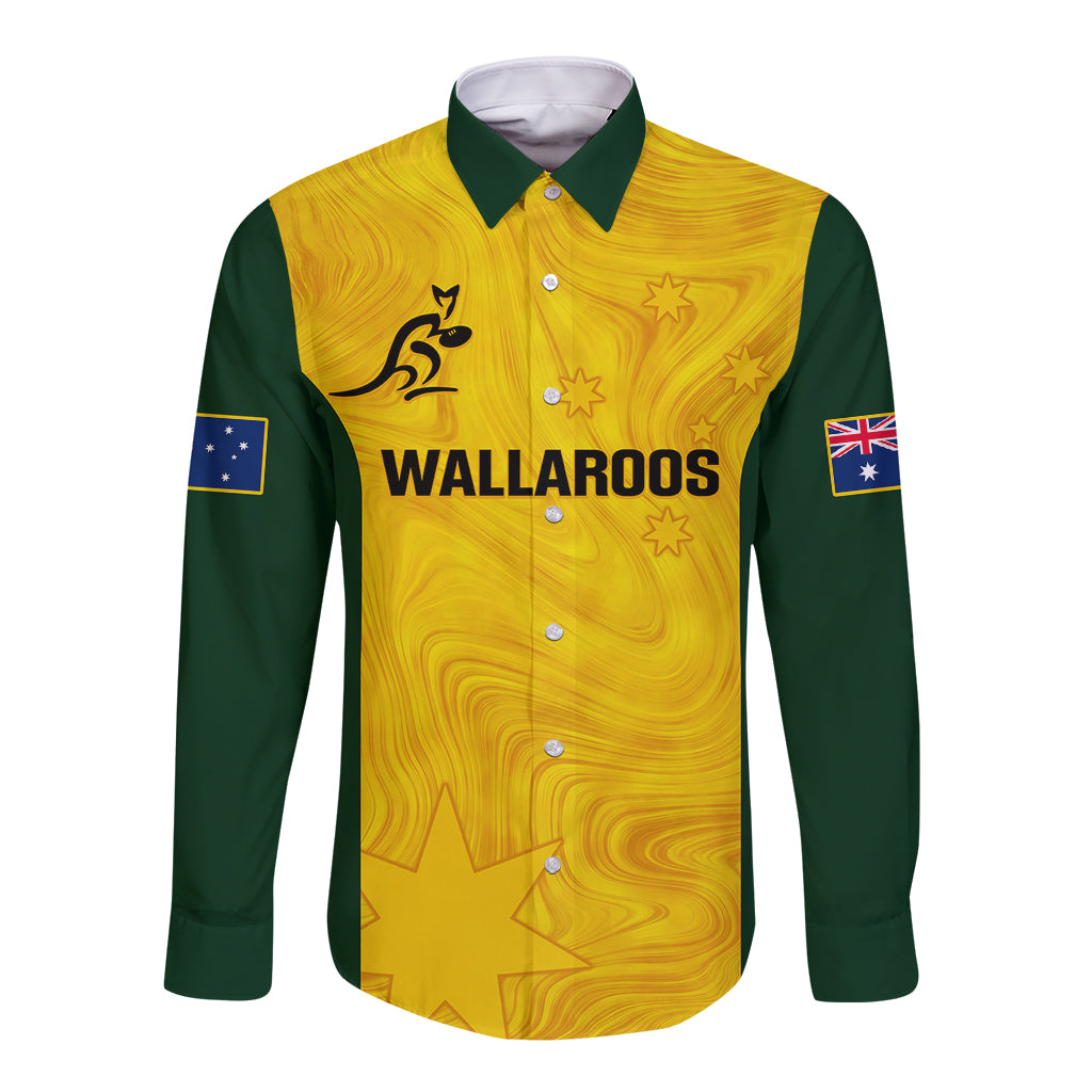 Yellow and green long-sleeve rugby button shirt with WALLAROOS logo and flag patches