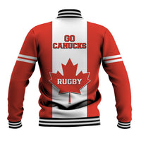 Red rugby baseball jacket with striped cuffs and Go Canucks back print