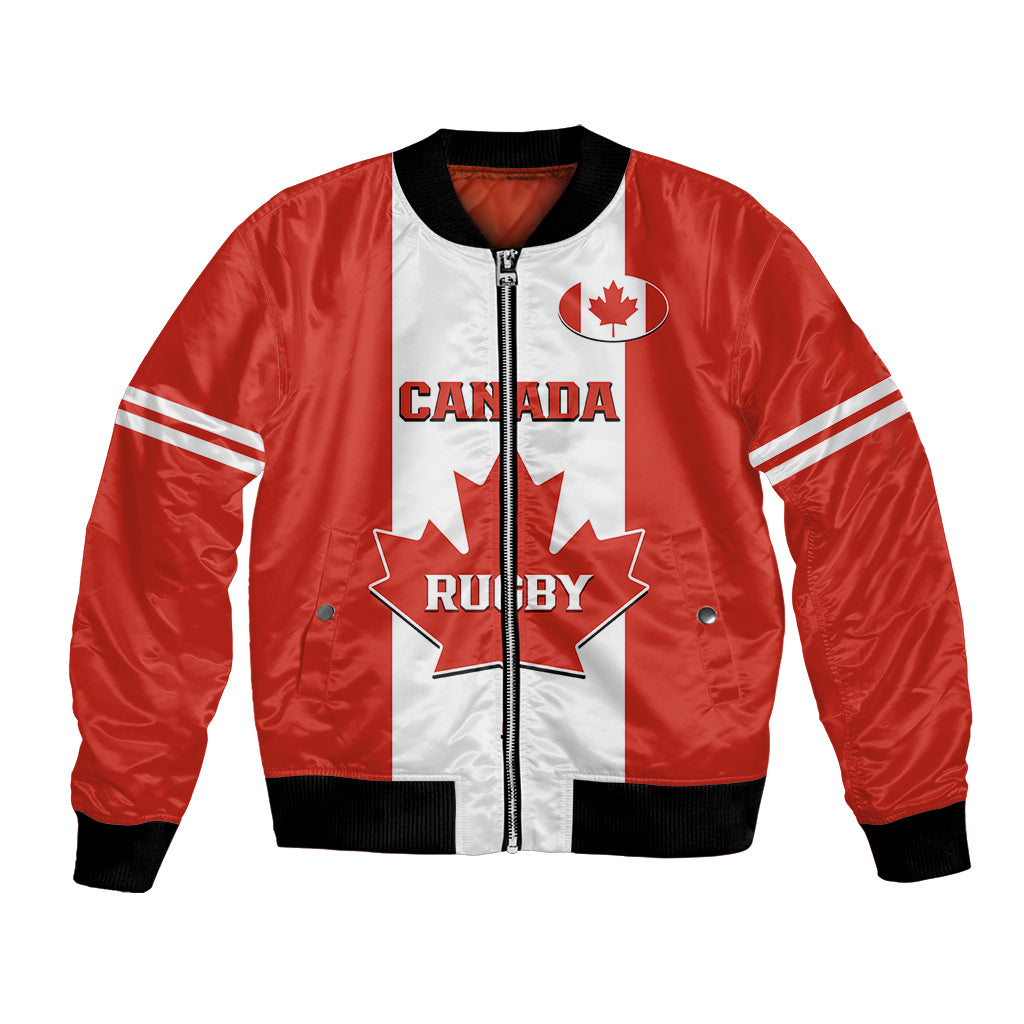 Red/white rugby bomber jacket, full-zip, ribbed cuffs, maple leaf crest