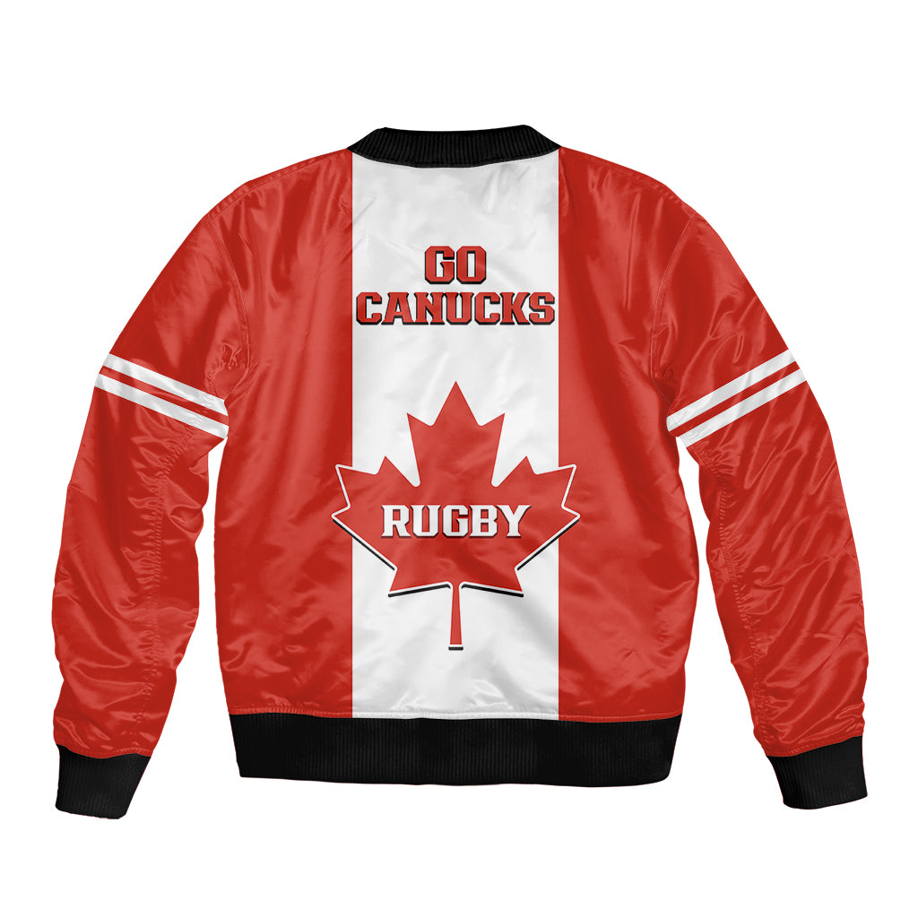 Red and white rugby bomber jacket back panel with GO CANUCKS and maple leaf