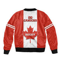Red and white rugby bomber jacket back panel with GO CANUCKS and maple leaf