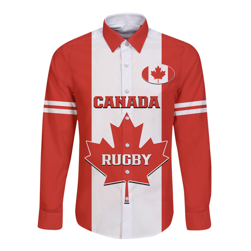 Red/white long-sleeve button rugby shirt, Canada and maple leaf chest graphic